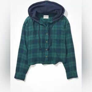 AEO Hooded Cropped Flannel Shirt